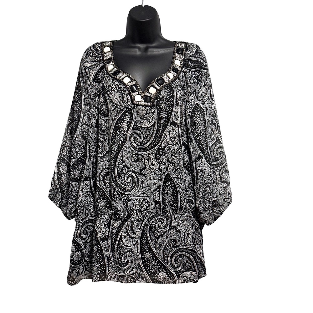 Elementz Woman Black White Paisley Beaded V-Neck Tunic Blouse 3X WSYU0224